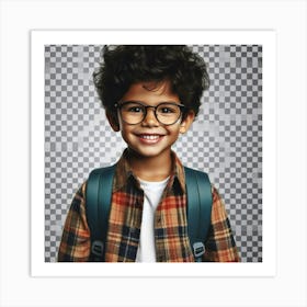 An adorable, curly-haired, bespectacled young boy wearing a plaid shirt and backpack, with a bright smile on his face Art Print