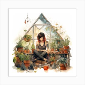 Tattooed Girl In A Greenhouse With Plants Watercolour Art Print