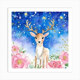 Watercolor Illustration Of A Charming Baby Reindeer With Soft Playful Antlers Nestled In A Snow Cov Art Print