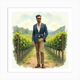 Stylish Man In Watercolor Suit, Lush Vineyard Backdrop 1 Art Print