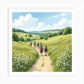 An English Countryside Trail With Hikers Enjoying The Natural Beauty, Watercolor 1 Art Print