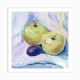 Two Apples And A Plum kitchen art still life square hand painted food green purple Art Print