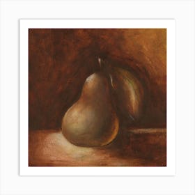 Pear painting classical old masters figurative academic brown food kitchen still life hand painted square Art Print