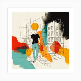 Illustration Of A Man Walking Down The Street Art Print