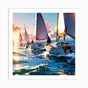 Sailboats At Sunset 2 Art Print