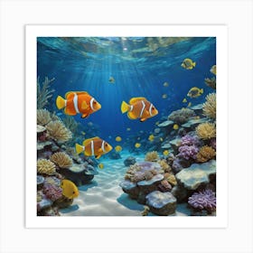 A Rainbow of Fish in the Deep Blue Clown Fish Art Print