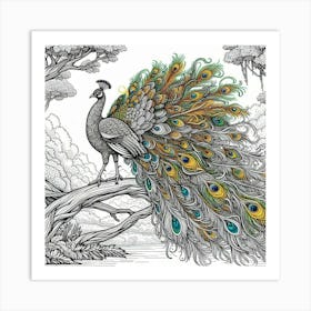 Line Art peacock 3 Art Print