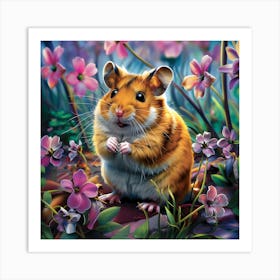 Hamster Among Pink Flowers Art Print