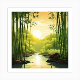 A Stream In A Bamboo Forest At Sun Rise Square Composition 6 Art Print