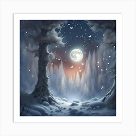 Silver Snowy Forest at Night Art Print