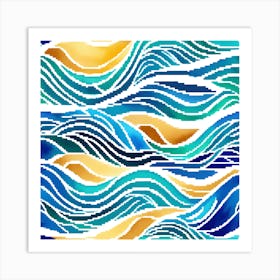 Blue And Gold Waves Pixel Art Swimming-Sea-Beach Art Print