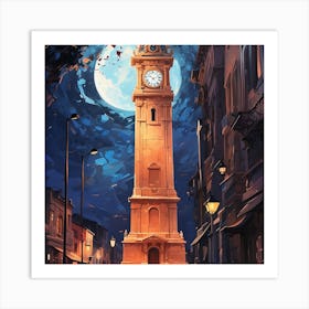 Clock Tower At Night Art Print