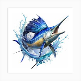 Blue Marlin Fish Leaping Out Of The Water Art Print