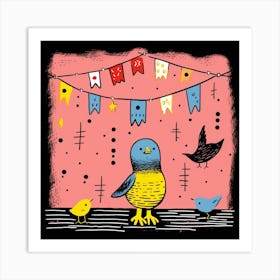 Duckling Under A Washing Line Linocut Style 1 Art Print