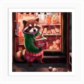 Raccoon Running a Japanese Shop Art Print