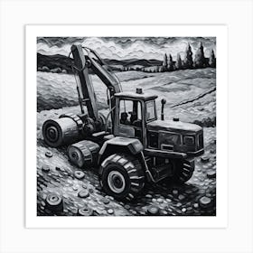 Black and white Tractor In The Field Art Print