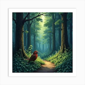 Red Bird In The Forest Art Print