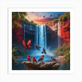 Wild Waterfall Landscape Nature With Blue And Red Birds Square On Sunset 1 Art Print