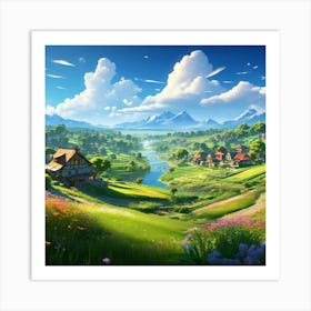 A Serene Village Landscape With Lush Green Fields And Colorful Houses Depicting The Picturesque Set(1) Art Print