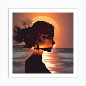 Sunset Silhouette Of A Woman Art Print