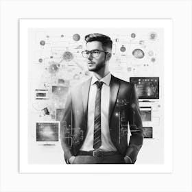 Businessman Standing In Front Of Computer Art Print