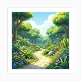 Lush Botanical Park In Watercolor, With Diverse Plant Life And Serene Pathways Art Print