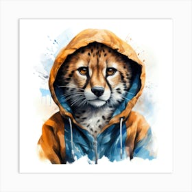 Watercolour Cartoon Cheetah In A Hoodie Art Print