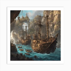 Pirate Ships In A Cave Art Print