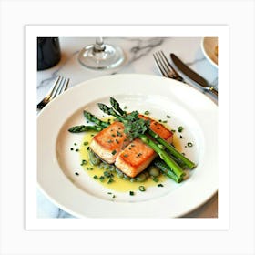 Watercolor Depiction Of Grilled Salmon With Asparagus On A Stylish Restaurant Table Art Print