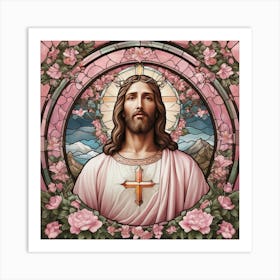 Jesus With pink Roses, A stained glass window with jesus holding a cross and flowers Art Print