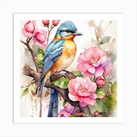 Watercolor Bird On A Branch Art Print