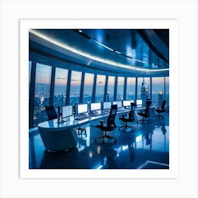 Corporate Office Interior With Sleek High Tech Workstations Utilizing Cyber Intelligence Technology (2) Art Print