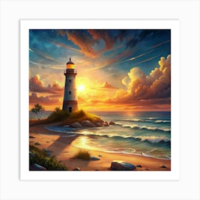 Lighthouse At Sunset On The Beach Art Print