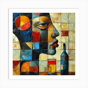 Mosaic Woman With Wine Bottle - colorful cubism, cubism, cubist art,    abstract art, abstract painting  city wall art, colorful wall art, home decor, minimal art, modern wall art, wall art, wall decoration, wall print colourful wall art, decor wall art, digital art, digital art download, interior wall art, downloadable art, eclectic wall, fantasy wall art, home decoration, home decor wall, printable art, printable wall art, wall art prints, artistic expression, contemporary, modern art print, Art Print