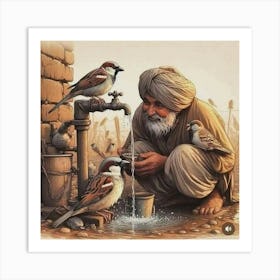 Old Man And Birds Art Print