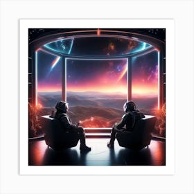 The Image Depicts A Futuristic Space Scene With A Man Sitting On A Couch In Front Of A Large Window That Offers A Breathtaking View Of The Galaxy 1 Art Print