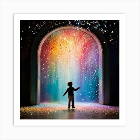 Child Figure Silhouette At The Center Of A Polychrome Portal Whimsical Particles And Vibrant Powder Art Print