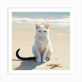 Minimal Art Cat Sitting On The Beach Art Print 1 Art Print