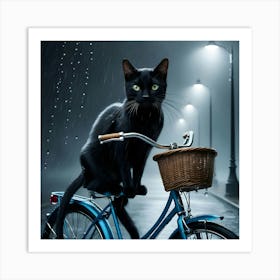 A Cat Riding A Blue Bicycle In The Rain 2 Art Print