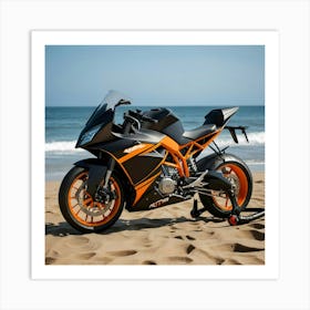 Black & Orange KTM Superbike With Full Body-kit At Beach Front Art Print