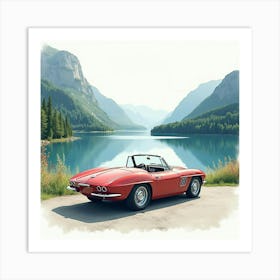 Elegant Coupe By A Serene Lake, Watercolor Painting 1 Art Print