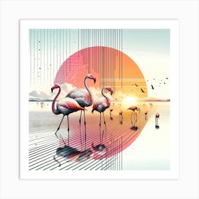 Flamingos - Abstract Line Art Illustration 235 Art Print