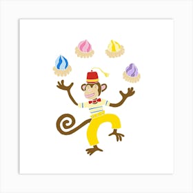 Monkey Juggling Ice Gems, Fun Circus Animal, Cake, Biscuit, Sweet Treat Print, Square Art Print