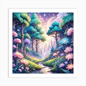 A Fantasy Forest With Twinkling Stars In Pastel Tone Square Composition 434 Art Print