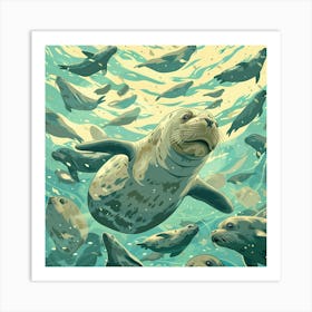 A Lot Of Elephant Seals Are Swimming In The Ocean Art Print