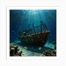 Default A Sunken Shipwreck On The Sandy Ocean Floor Surrounded 0 Art Print