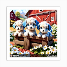 Three Puppies In A Crate Art Print