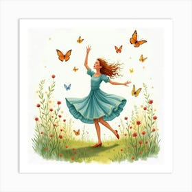 Dancer Amidst Watercolor Summer Meadow With Butterflies 1 Art Print