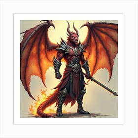 Dragonborn Warrior With Fiery Wings In Battle Stance 1 Art Print