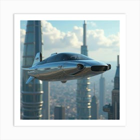 High Tech Flying Car With Sleek Chrome Finish, Soaring Over Futuristic Towers 1 Art Print